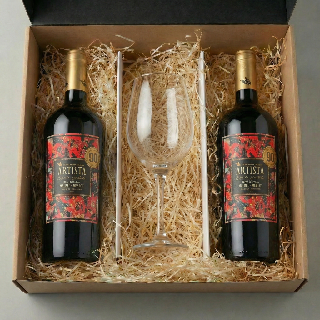 Caja x3 – 750 ml Artista Malbec · Merlot + Copa (Blend)